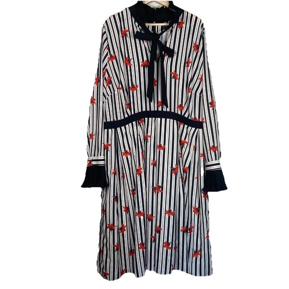 ELOQUII Black White Striped Red Floral Boho Midi Dress Sz 22 Cottagecore Ruffle - Picture 1 of 16